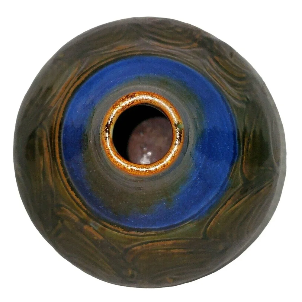 Fine Art Pottery Vase Eckles Brown Blue Olive Squat‎ Vessel Studio Ceramic Retro